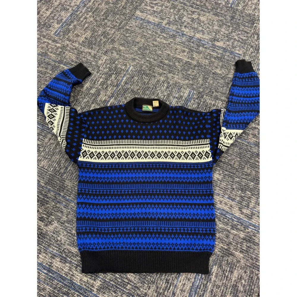 Pine Grove Mens Blue Black Fair Isle Acrylic Knit Crewneck Sweater Large Vintage